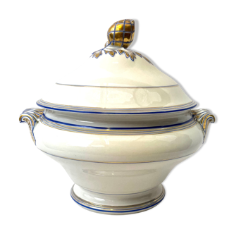 White faience tureen monogrammed slip handle