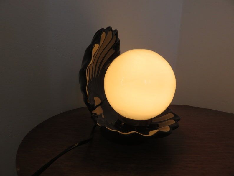 Black ceramic shell lamp and white opaline ball 1970