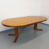 Vintage round dining table from the 60s 70s in solid wood mosaic teak and walnut with extension
