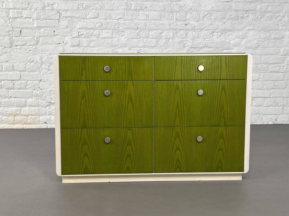 Vintage 6-drawer chest in beige wood and green varnish, Norway, 1960s