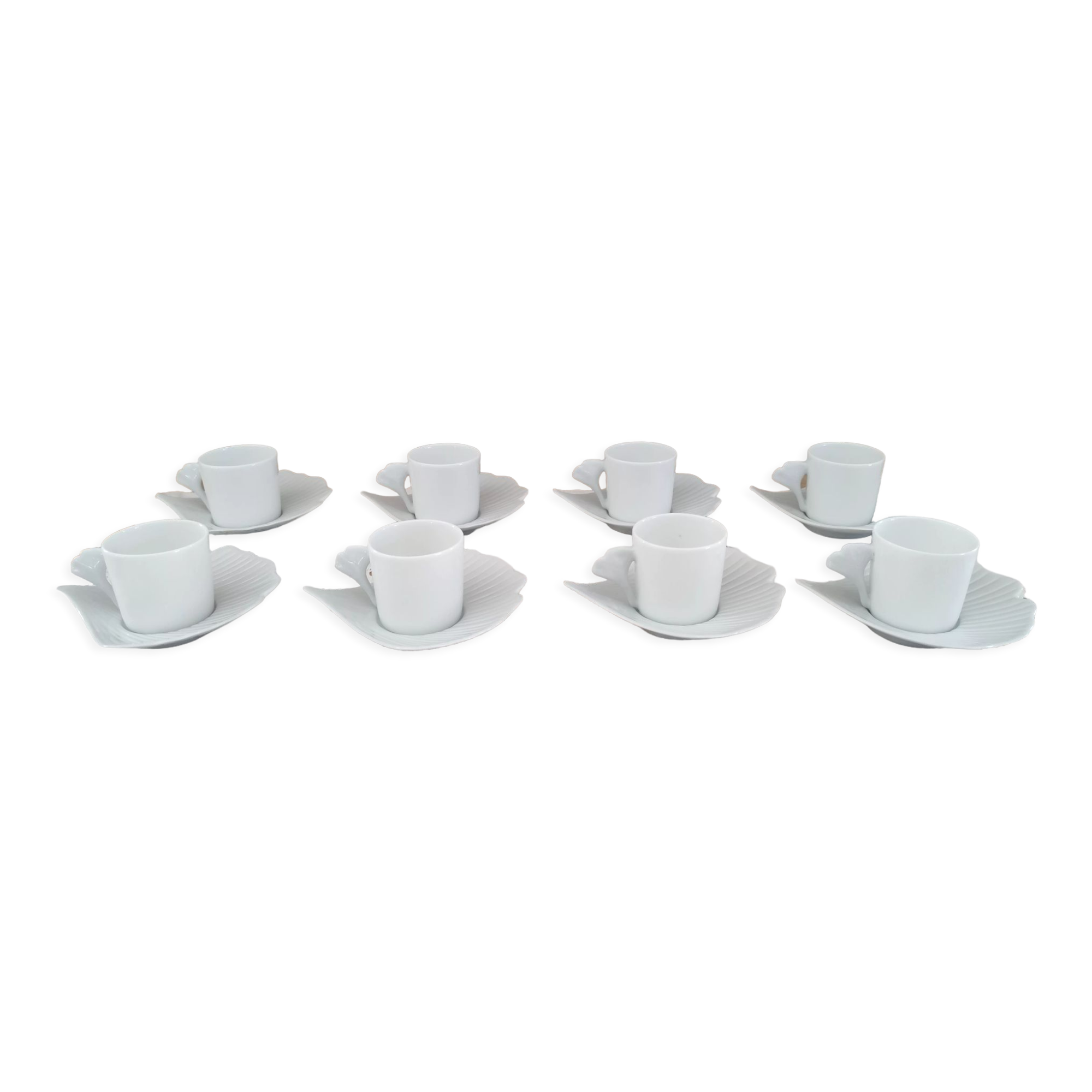 Set of 8 espresso coffee cups and white Limoges porcelain sub-cups scallops