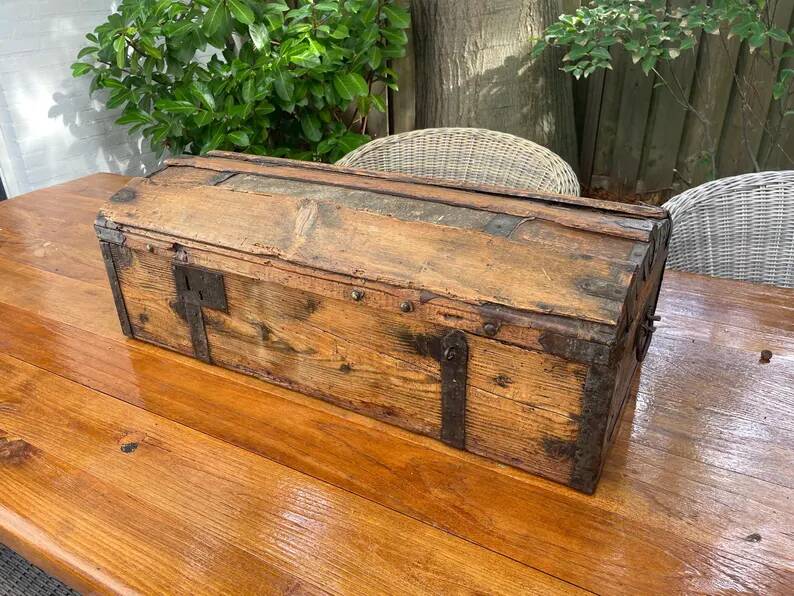 Antique French Wood Iron and Hide Handmade Wood Chest or Trunk