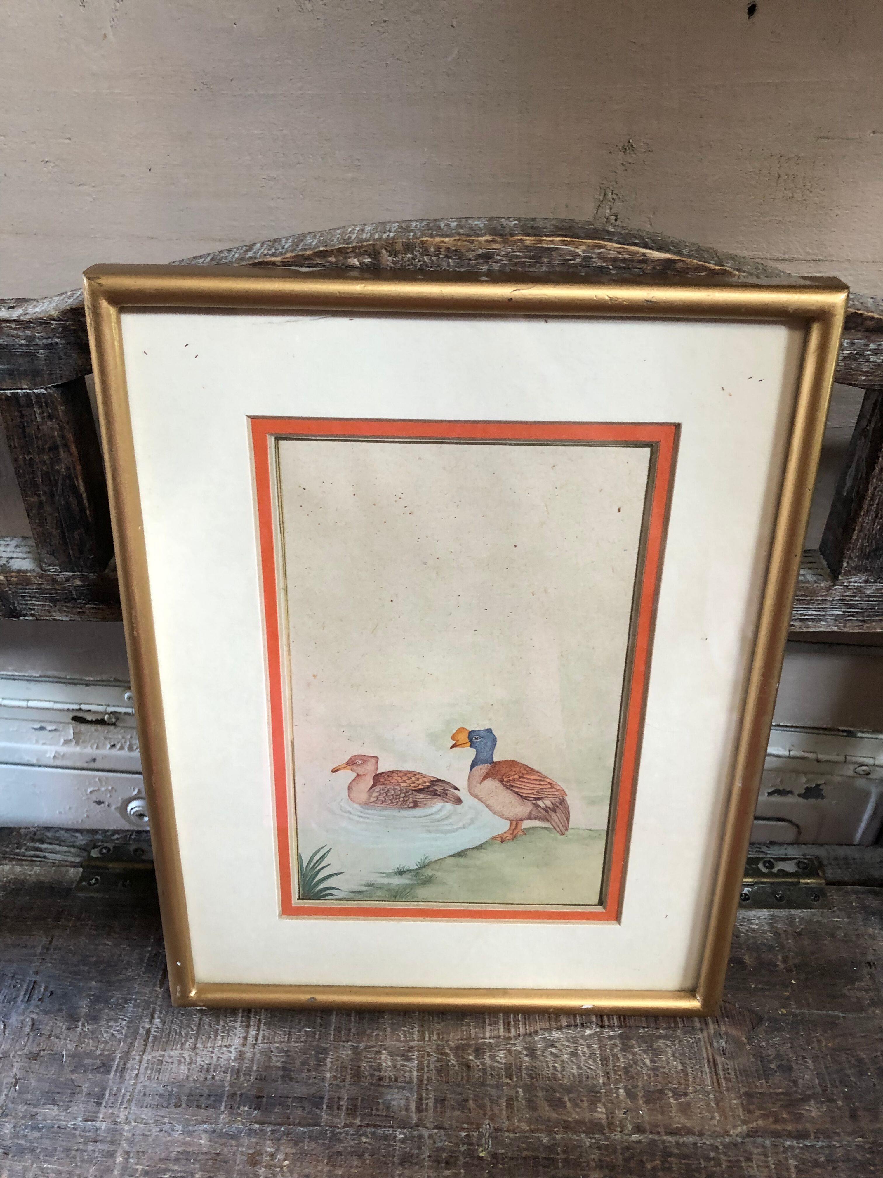 Old painting drawing watercolor duck view + vintage golden frame