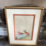 Old painting drawing watercolor duck view + vintage golden frame