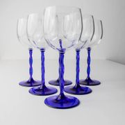 Six cobalt blue Murano glass wine glasses with twisted stems, 1970s Italy, elegant clear bowls