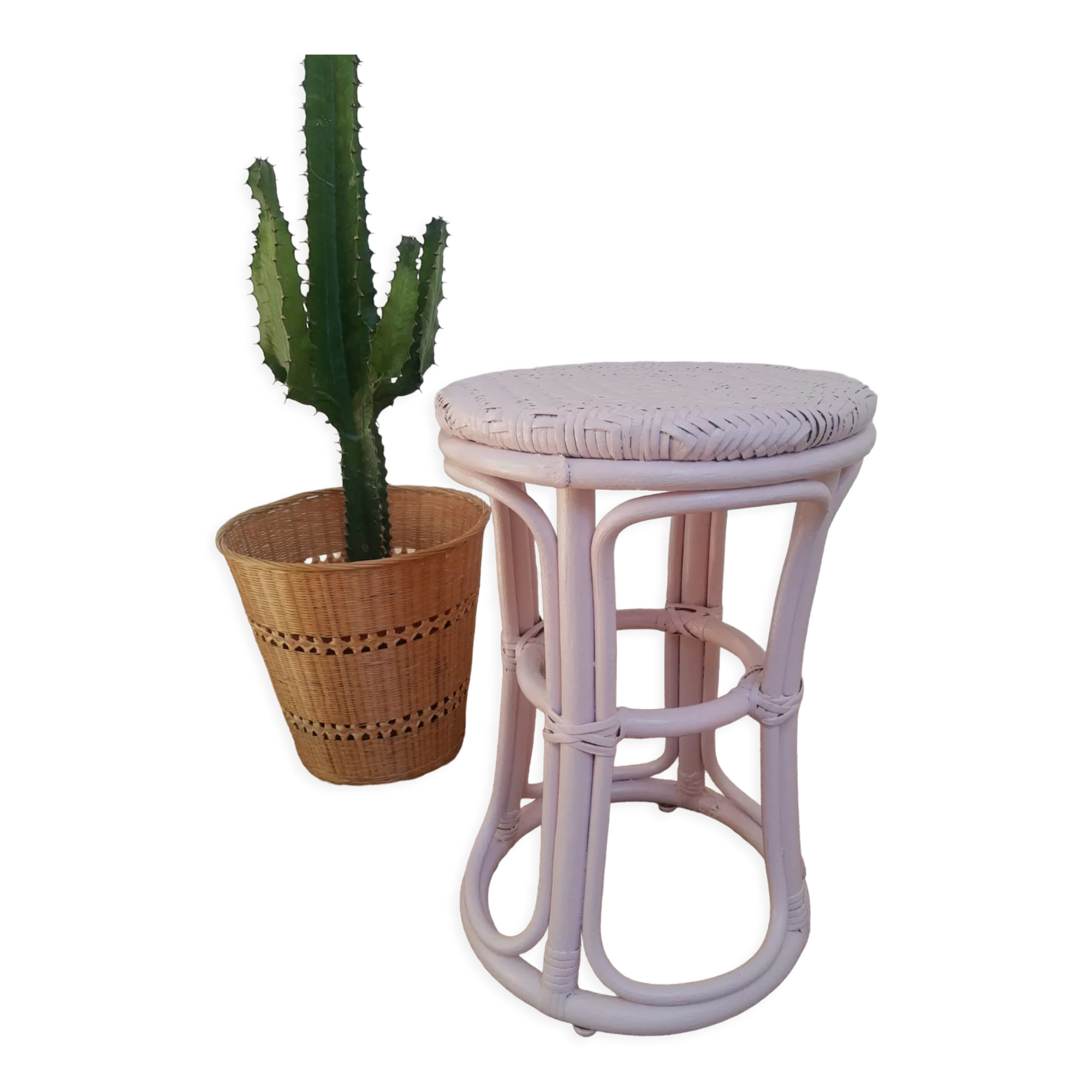Vintage powder pink rattan stool