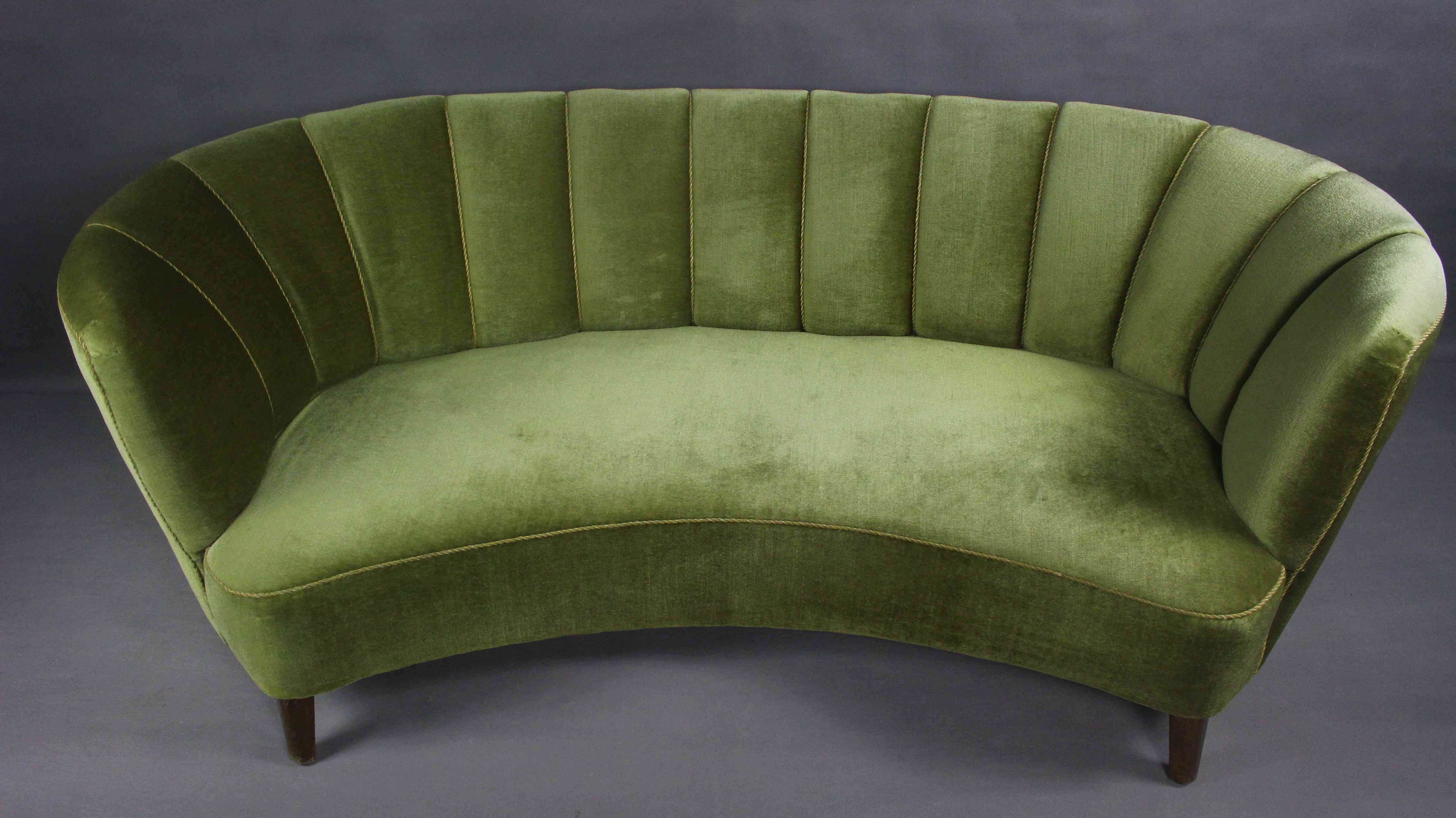 Danish curved velvet banana sofa, 1950
