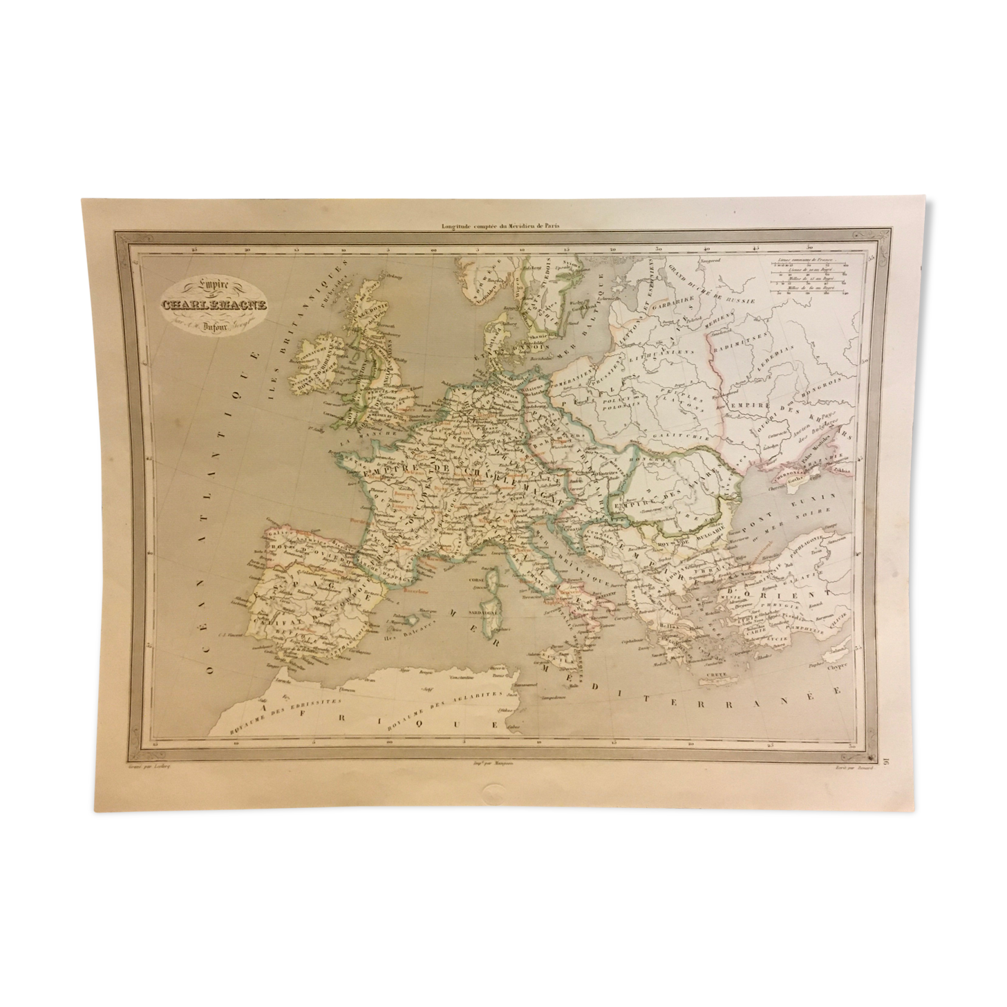 Carte géographique 19ème numérotée Empire de Charlemagne