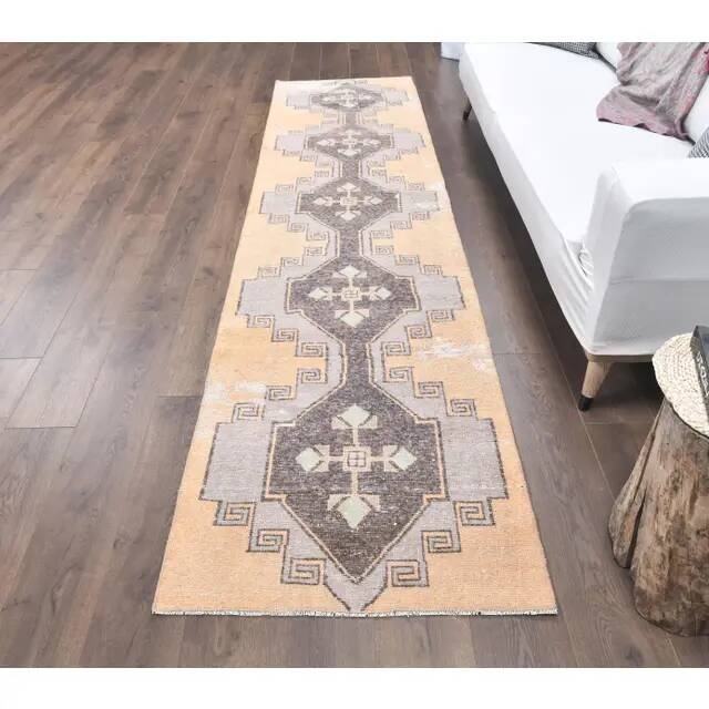 Natural Vintage Geometric Turkish Hand-Knotted Runner Rug 80x341
