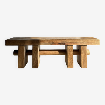 Solid wood bench with openwork base crossed by a cylinder - Mango wood