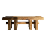 Solid wood bench with openwork base crossed by a cylinder - Mango wood
