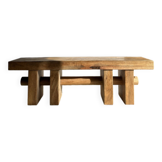 Solid wood bench with openwork base crossed by a cylinder - Mango wood