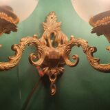 Pair of large double-light wall sconces in vintage brass and glass