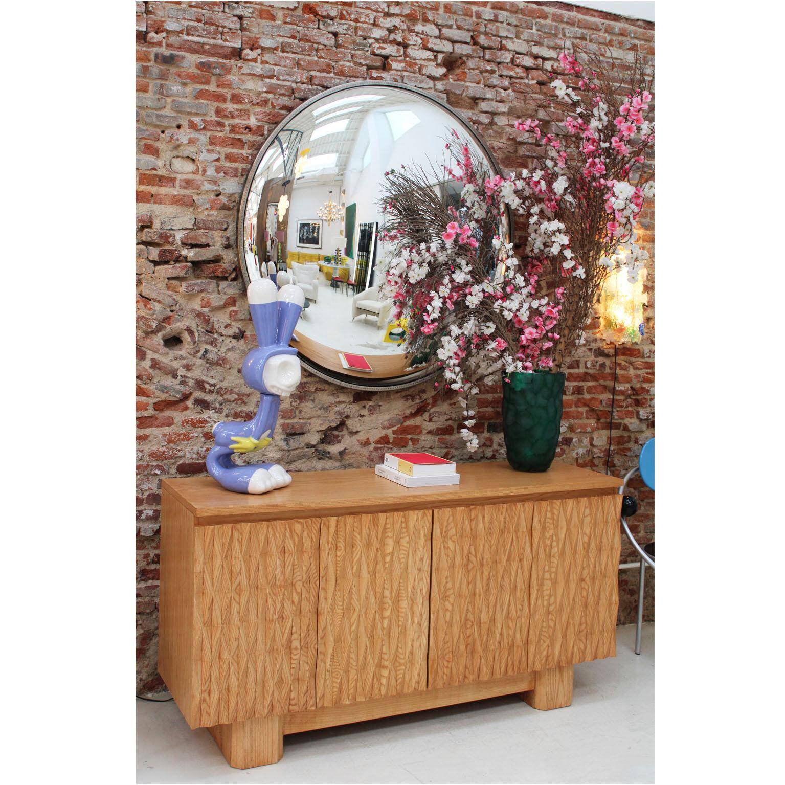 Hand-Carved Solid Oak Italian Sideboard with Four Doors, Brutalist Style