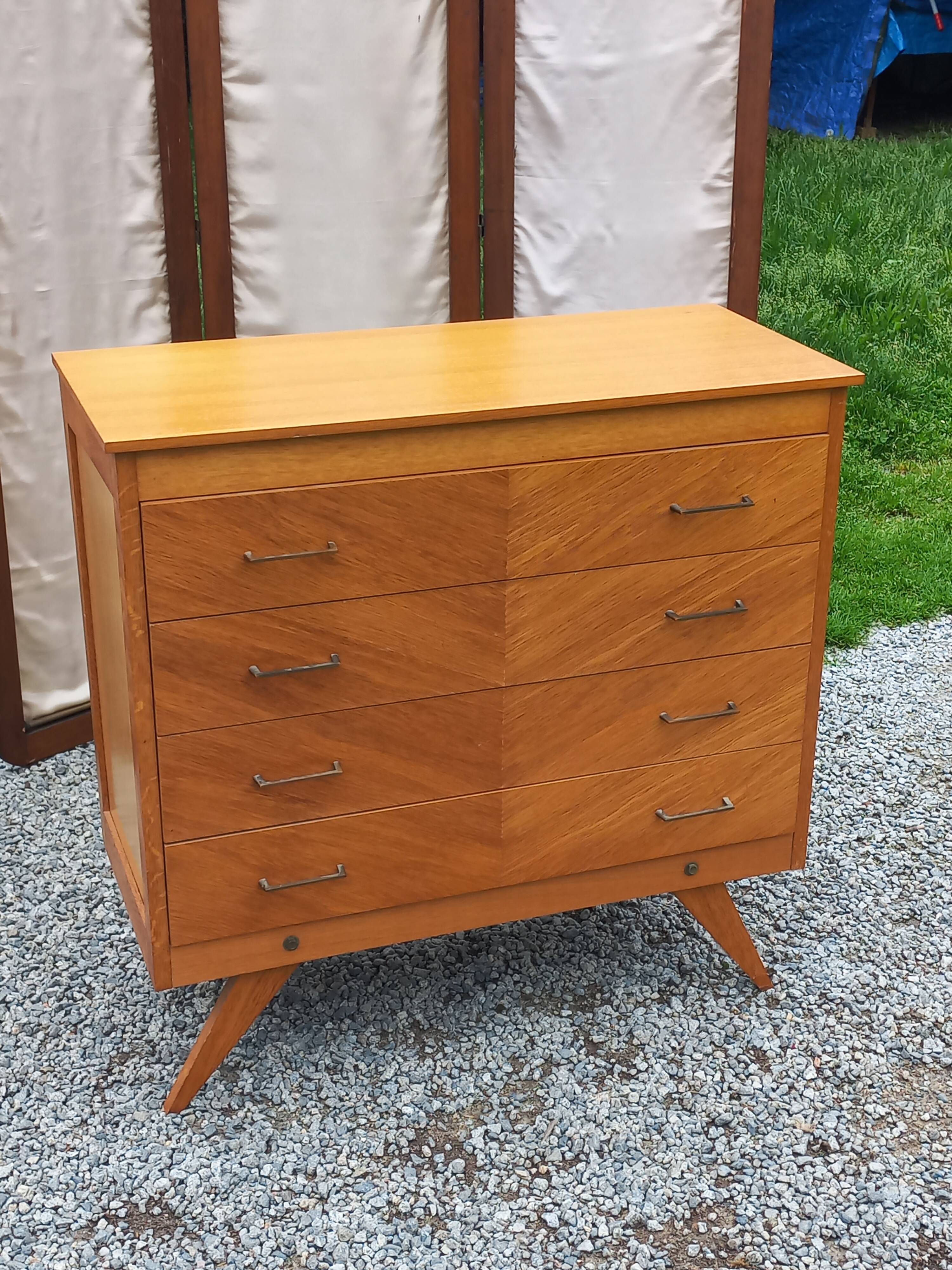 Vintage chest of drawers in blond and golden oak, compass legs and 4 drawers, 1950s