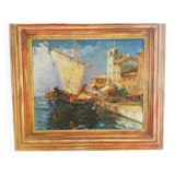 Painting by L. Lutz depicting a tartan at the quayside in a Provençal port