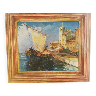 Tableau de L. Lutz  marine une tartane à quai dans un port provençal