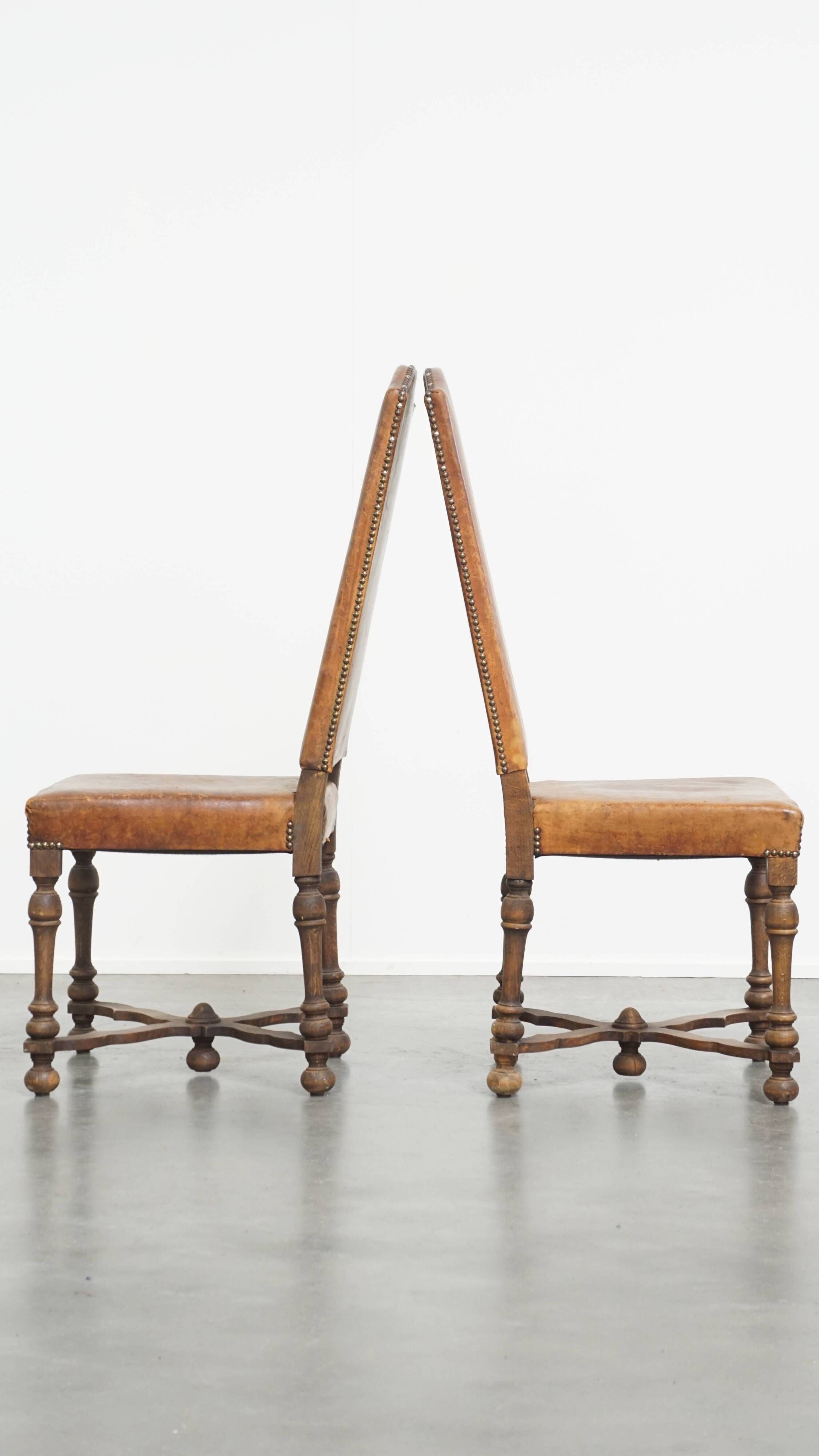 Set of 2 Wooden and Sheepskin Leather Dining Chairs from the Early 1900s