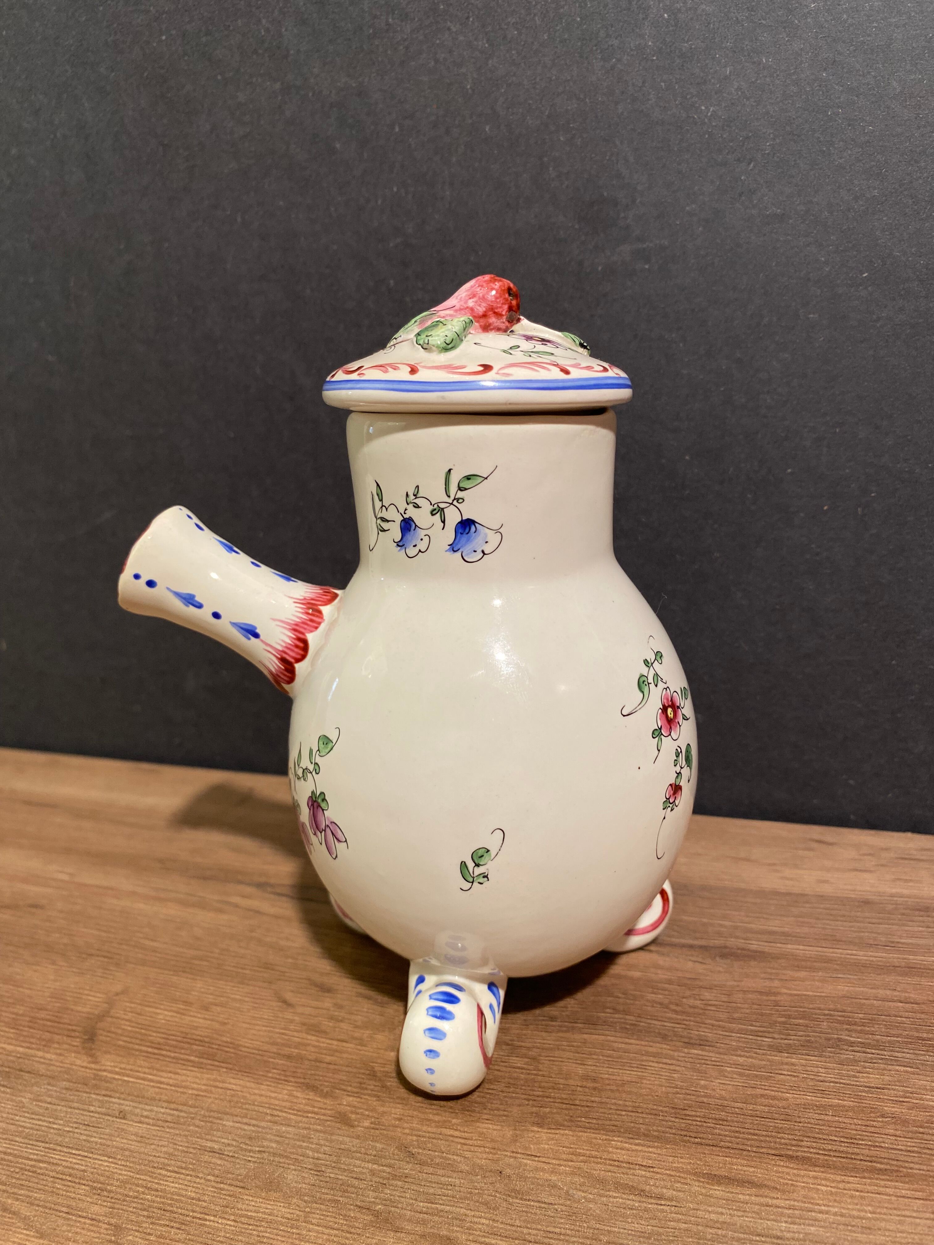 Clamecy earthenware chocolate pourer with polychrome floral decoration