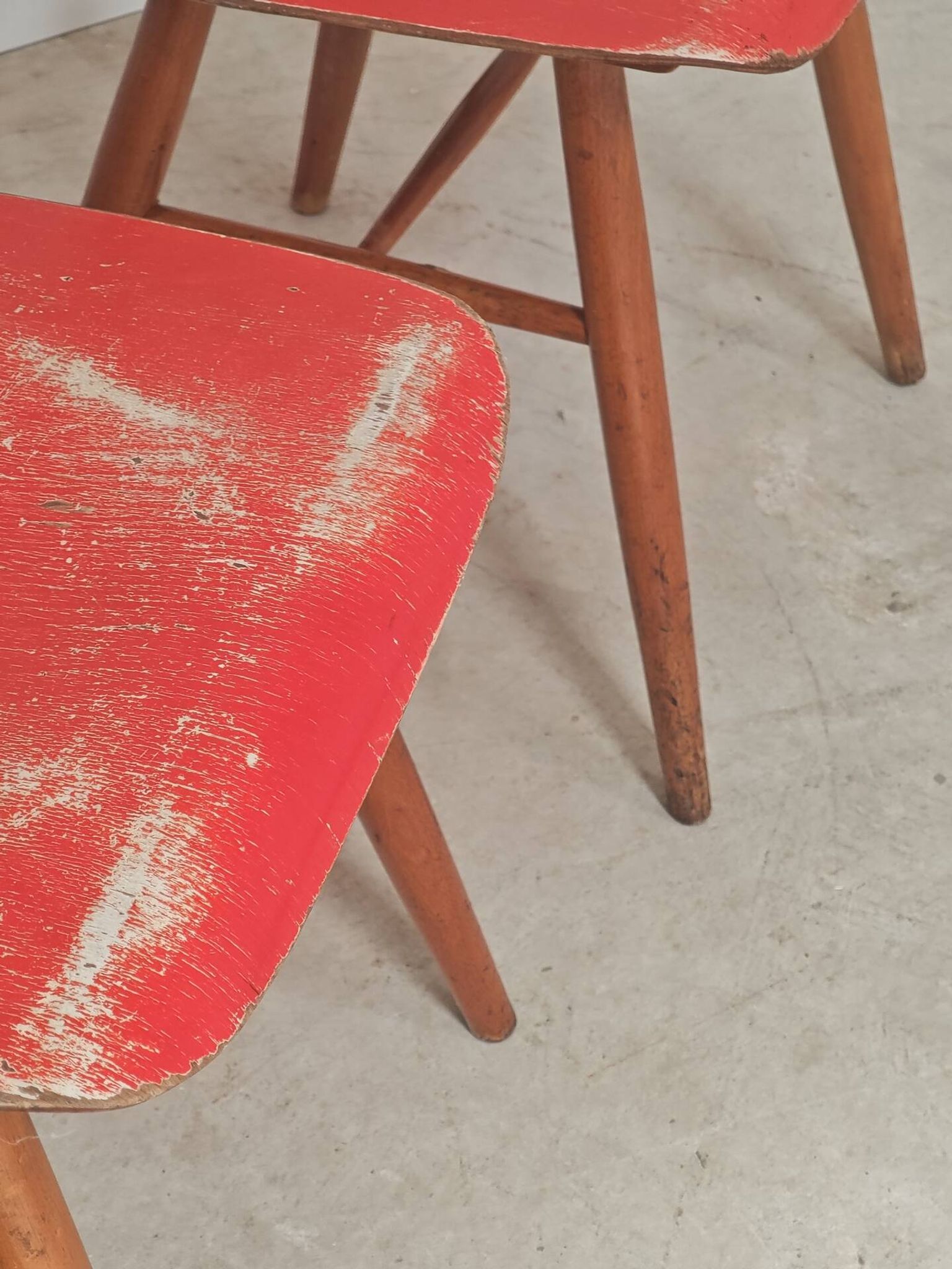 Set of 4 Ton (Thonet) red wooden chairs from the 1960s.