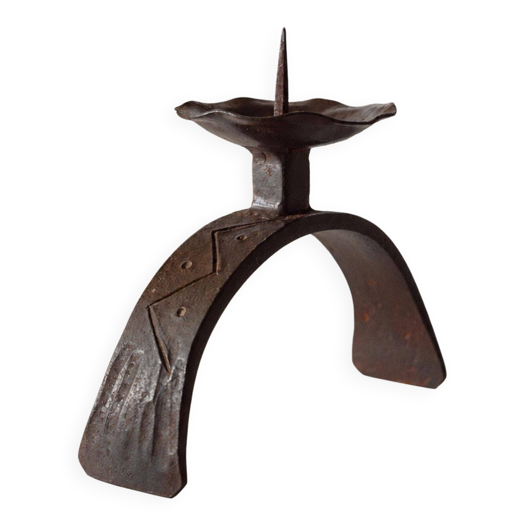 Vintage wrought iron candlestick from the 1960s, sculptural relief pattern for pillar candle, rustic Mid-Century metal, elegant gift idea.