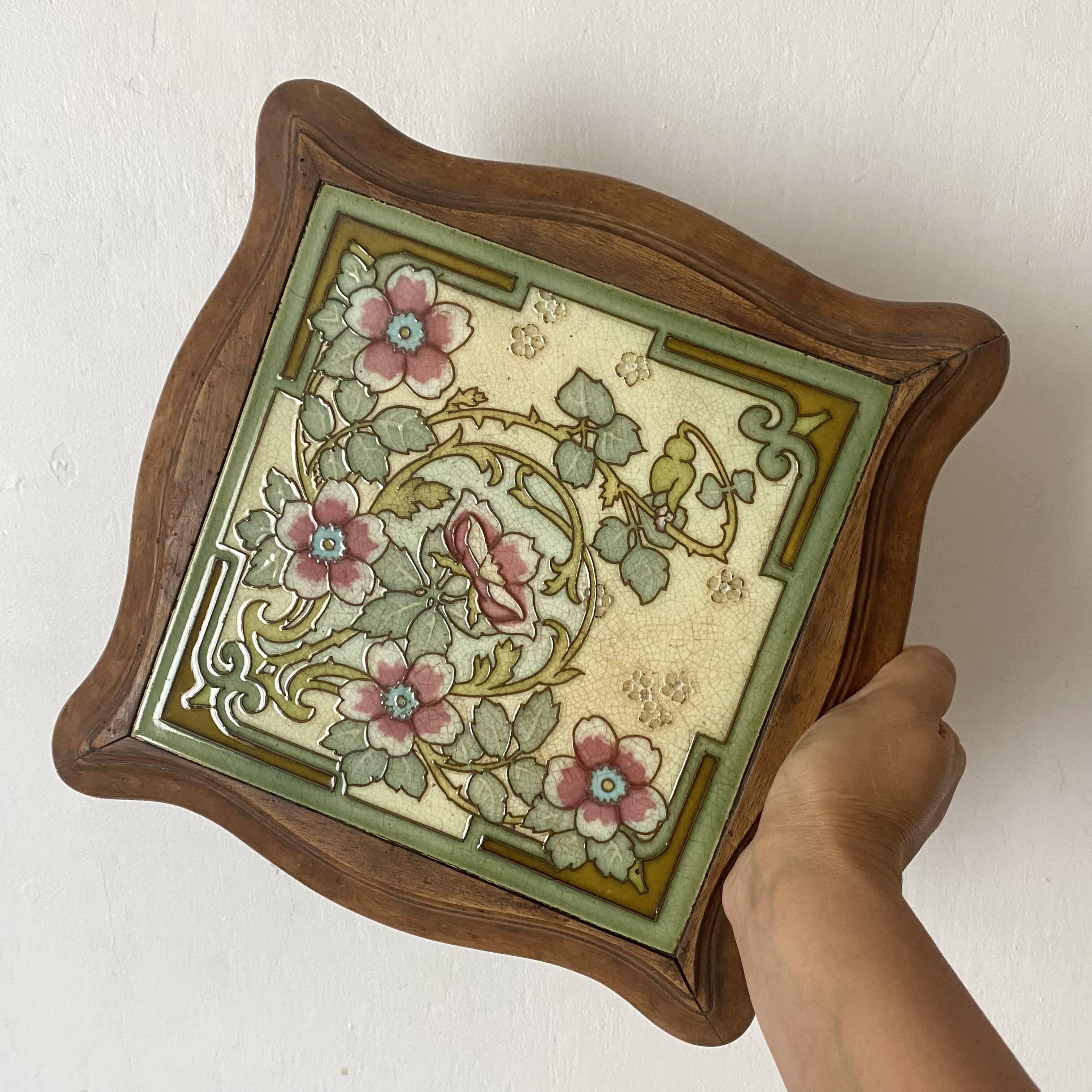 Art Nouveau wood and ceramic trivet