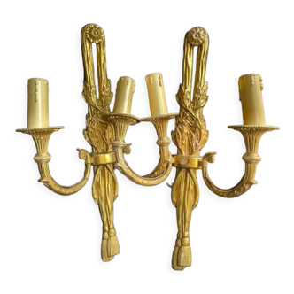 Pair of sconces with 2 lights gilded bronze Louis XVI style