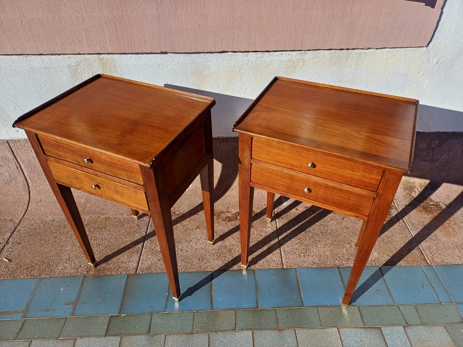 Pair of Louis XVI style oak bedside tables with 2 drawers and spindle legs