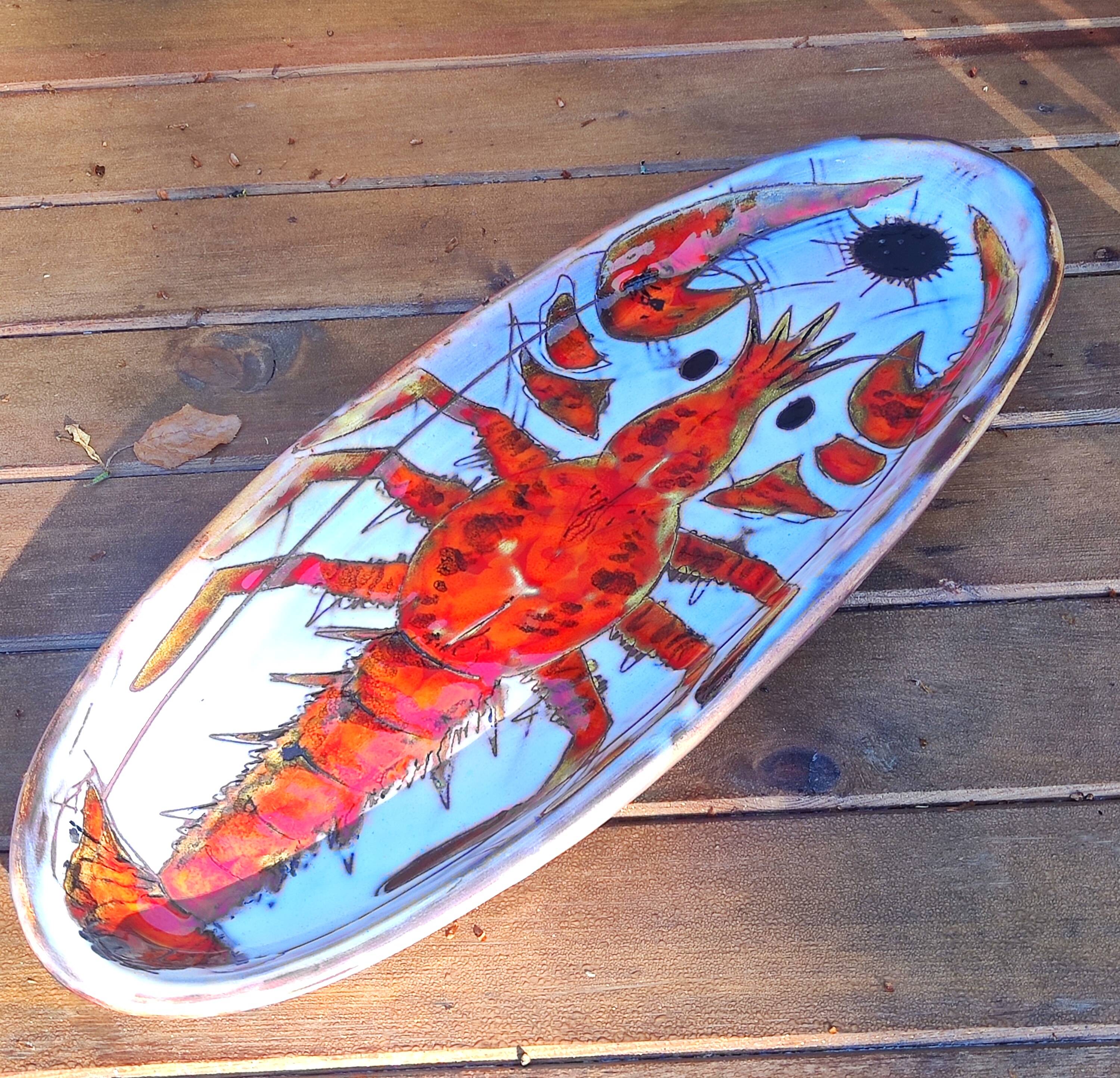 Vallauris earthenware plate signed by Kurt and Monique Brunner - lobster