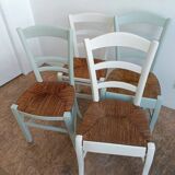 Suite of 4 chairs in wood and straw