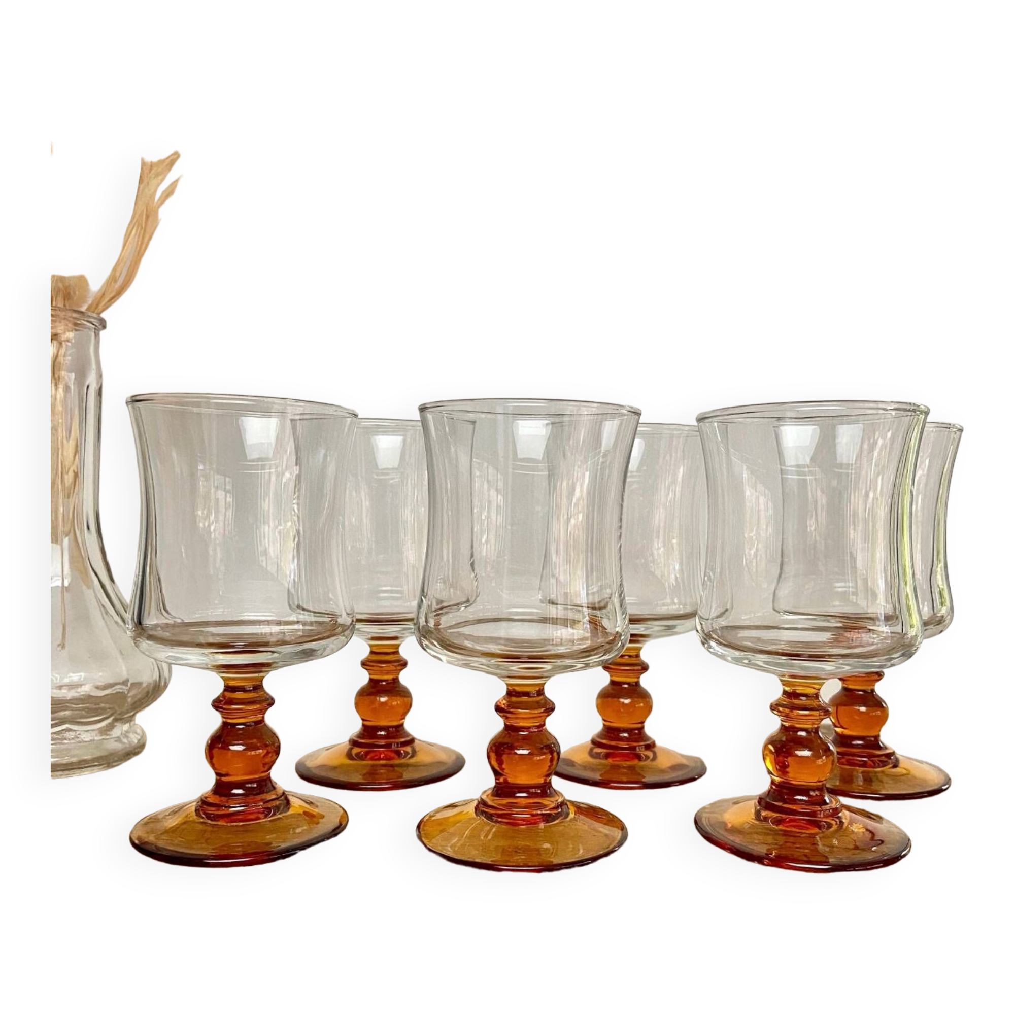 6 small vintage amber stemmed glasses