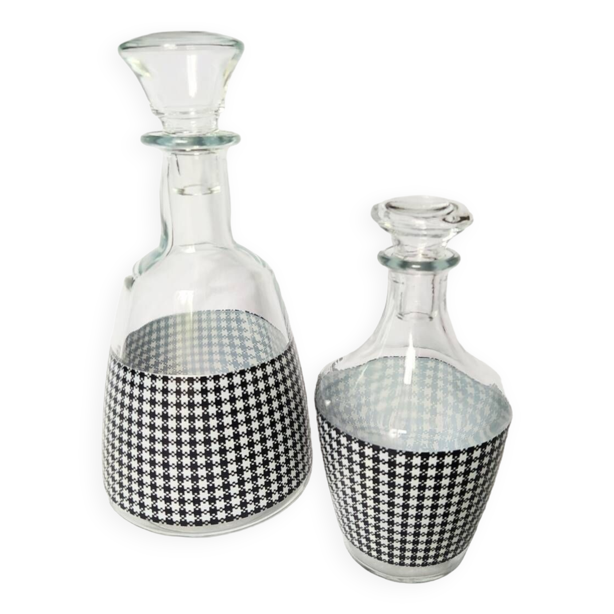 Set of 2 black and white houndstooth glass carafes from the Arques crystal factory. Rare.