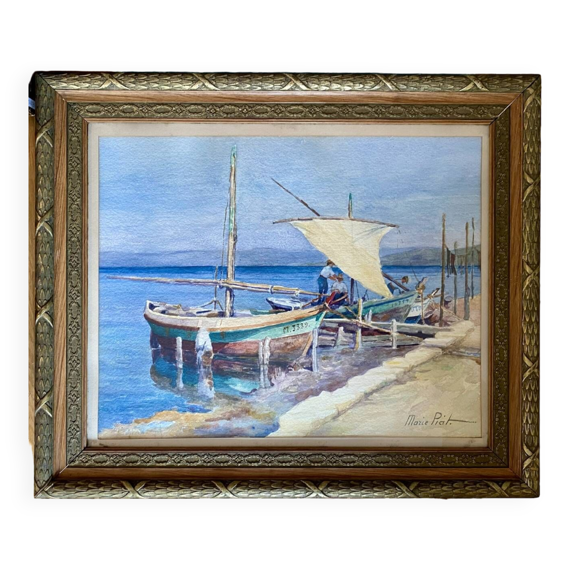 Old painting "Marine with boats" signed Marie Piat, 1930s-40s
