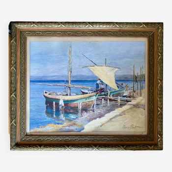 Old painting, Marine with boats signed Marie Piat (1880-1977), 30s/40s