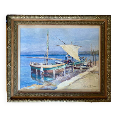 Tableau ancien ''Marine aux bateaux'' signé Marie Piat , années 30-40