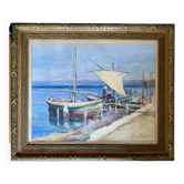 Tableau ancien "Marine aux bateaux" signé Marie Piat , années 30-40