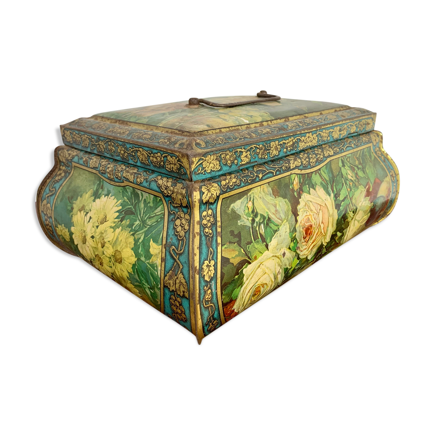 Old and large lithographed sheet metal box Japanese decoration