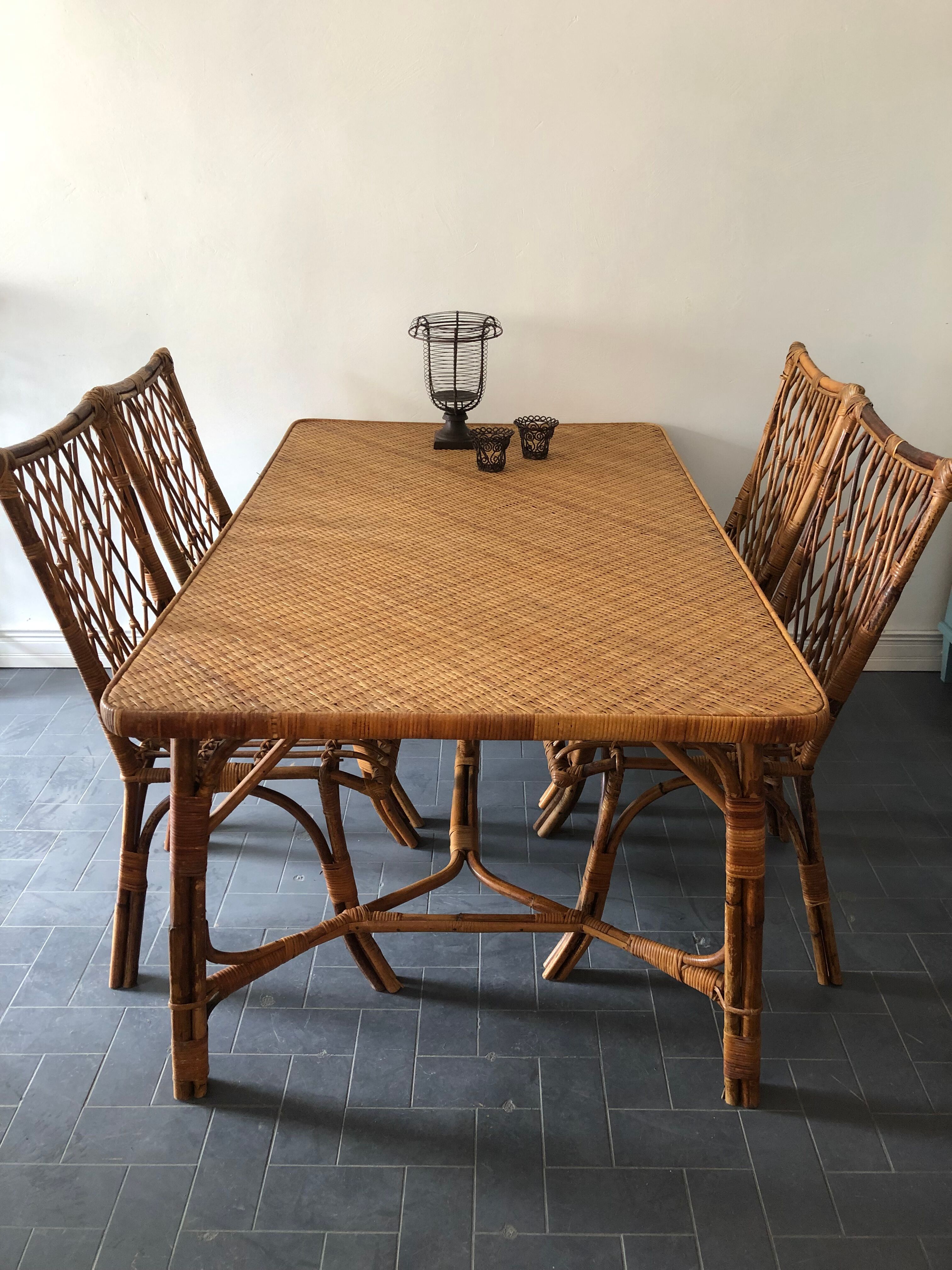 Vintage rattan table 6 people by Louis Sognot