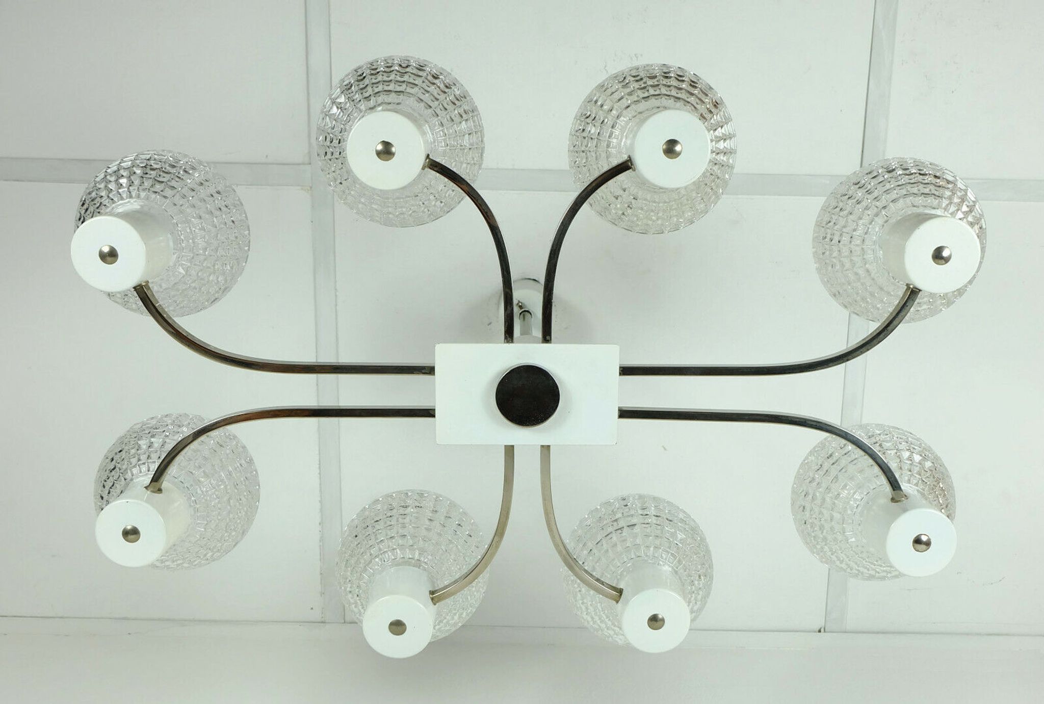 1960s mid century HANGING LAMP chrome metal chandelier with 8 glass shades