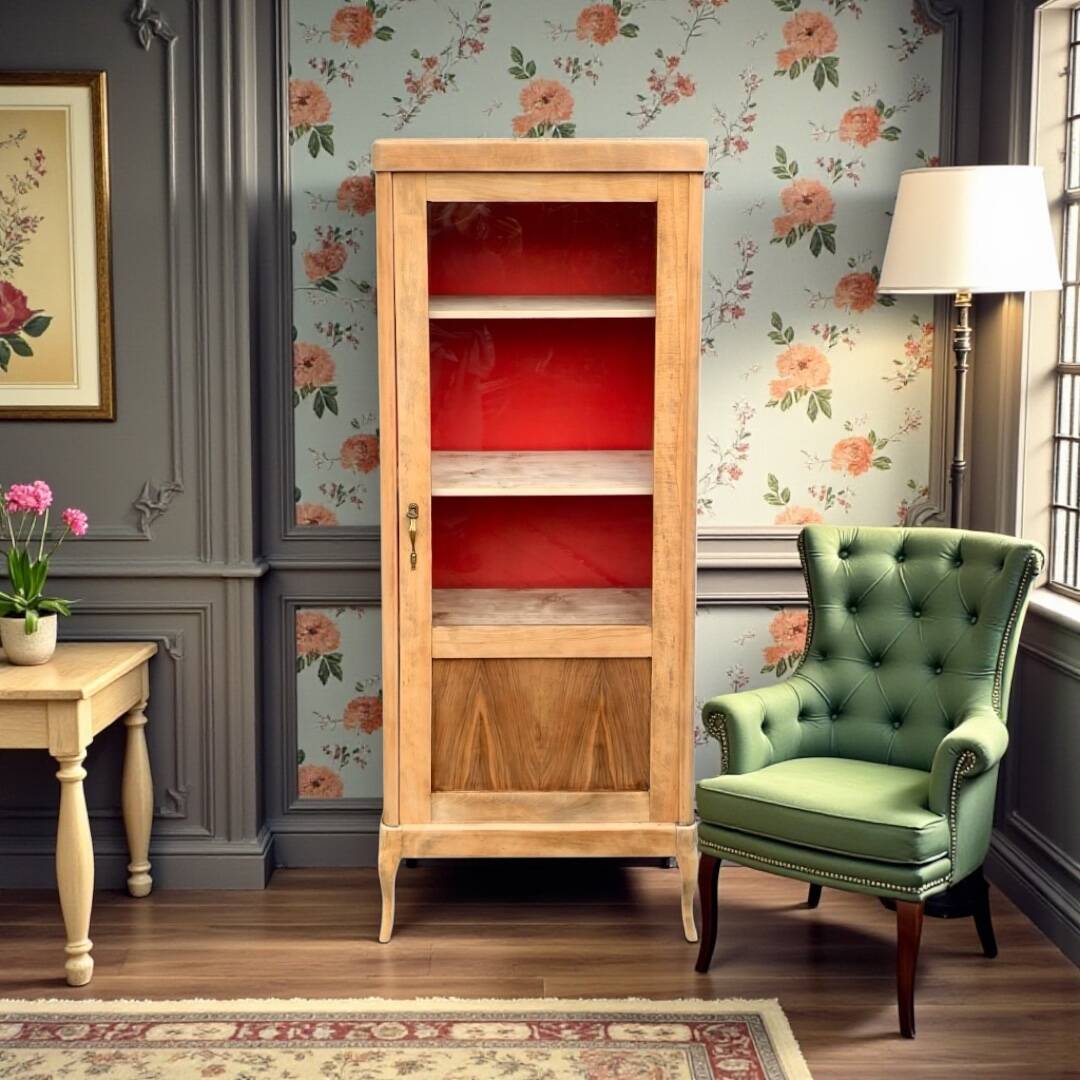 Vintage glass-fronted cabinet, raw wood, 1950s