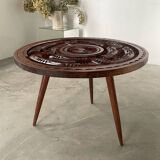 Table basse années 60 tripode bois ciselé