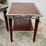 Pair of modernist chrome, leather and wood side tables