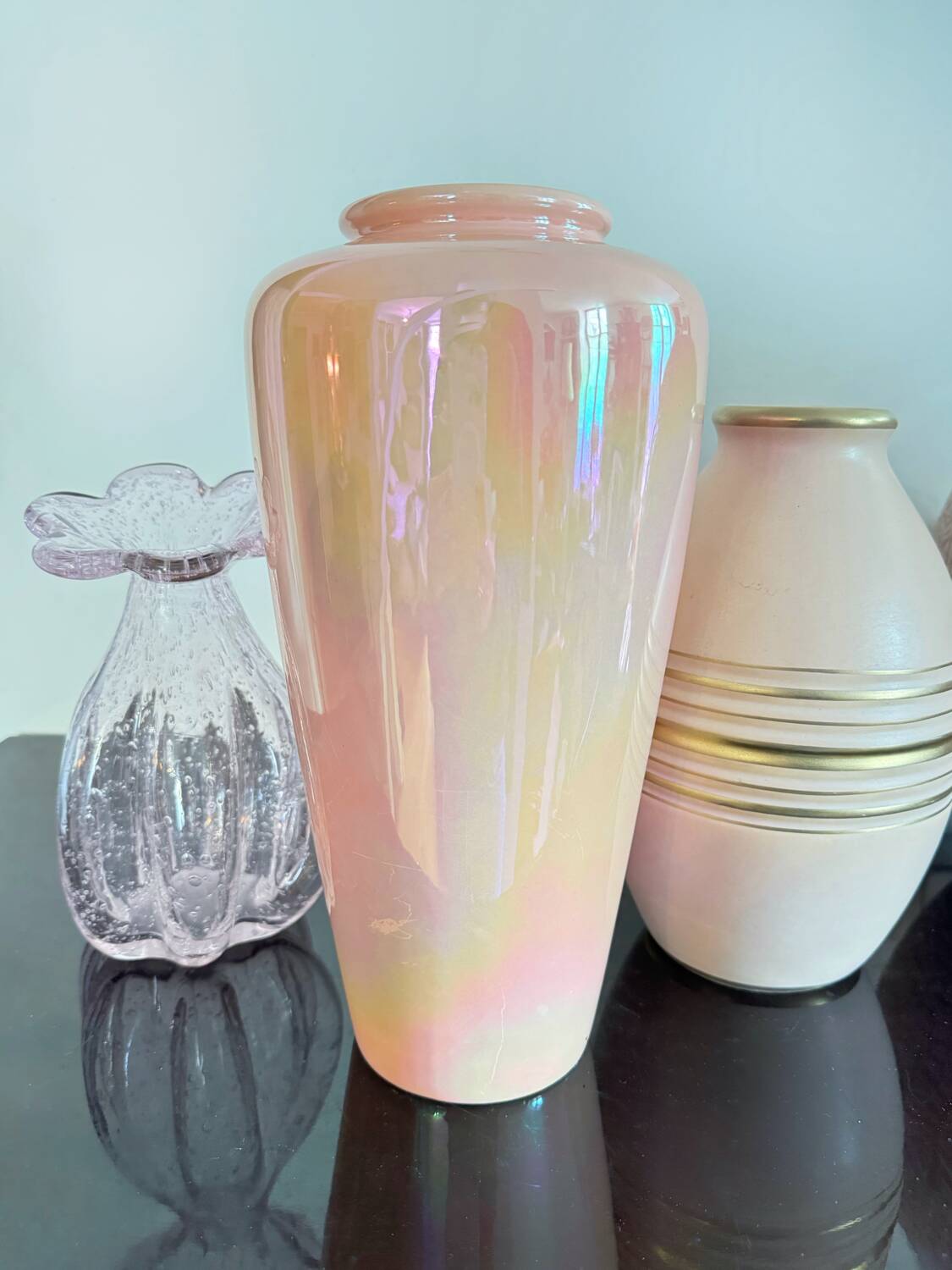 Iridescent pink ceramic vase from the 70s
