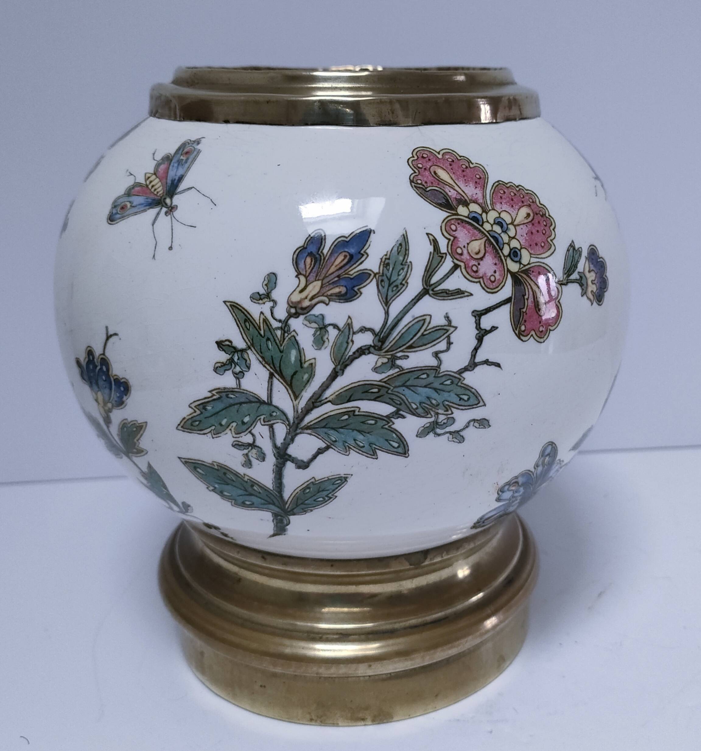 round vase earthenware brass decorated with flowers and insects early 20th century