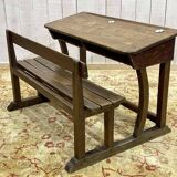 Early 20th century oak school desk with porcelain inkwells