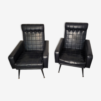 2 fauteuils en skaï noir vintage 50-60