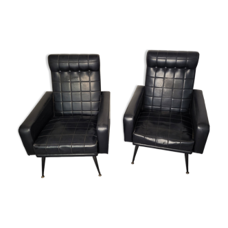 2 armchairs in black skaï vintage 50-60
