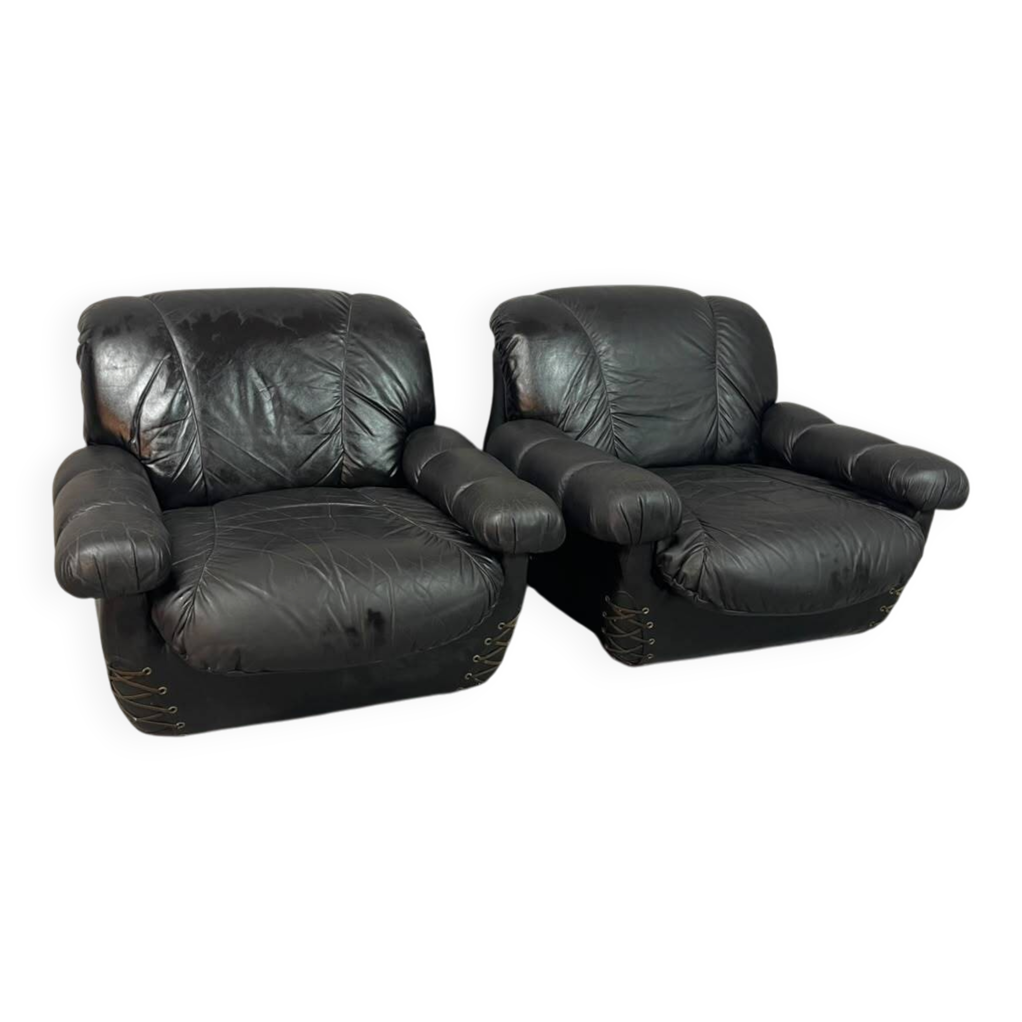 Large Set of Italian Space Age Black Leather Lounge Chairs with Brass