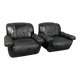 Large Set of Italian Space Age Black Leather Lounge Chairs with Brass