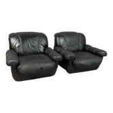 Large Set of Italian Space Age Black Leather Lounge Chairs with Brass
